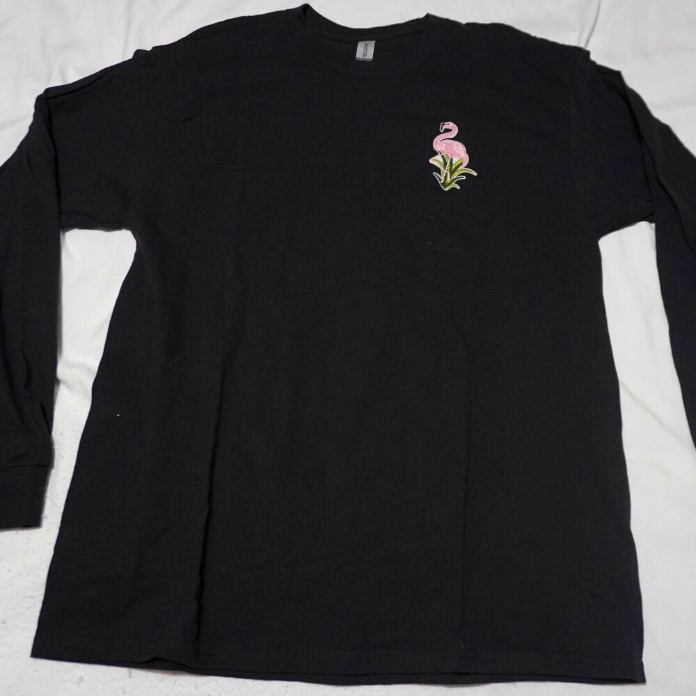 Unisex Black Gildan Long Sleeve Tee with Embroidered Flamingo on Chest Sz L